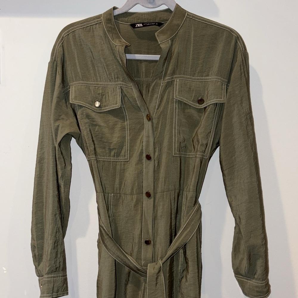Zara Modal Long Sleeve Belted Jumpsuit w/Contrast Stitch Size Small Olive Green - Picture 5 of 16